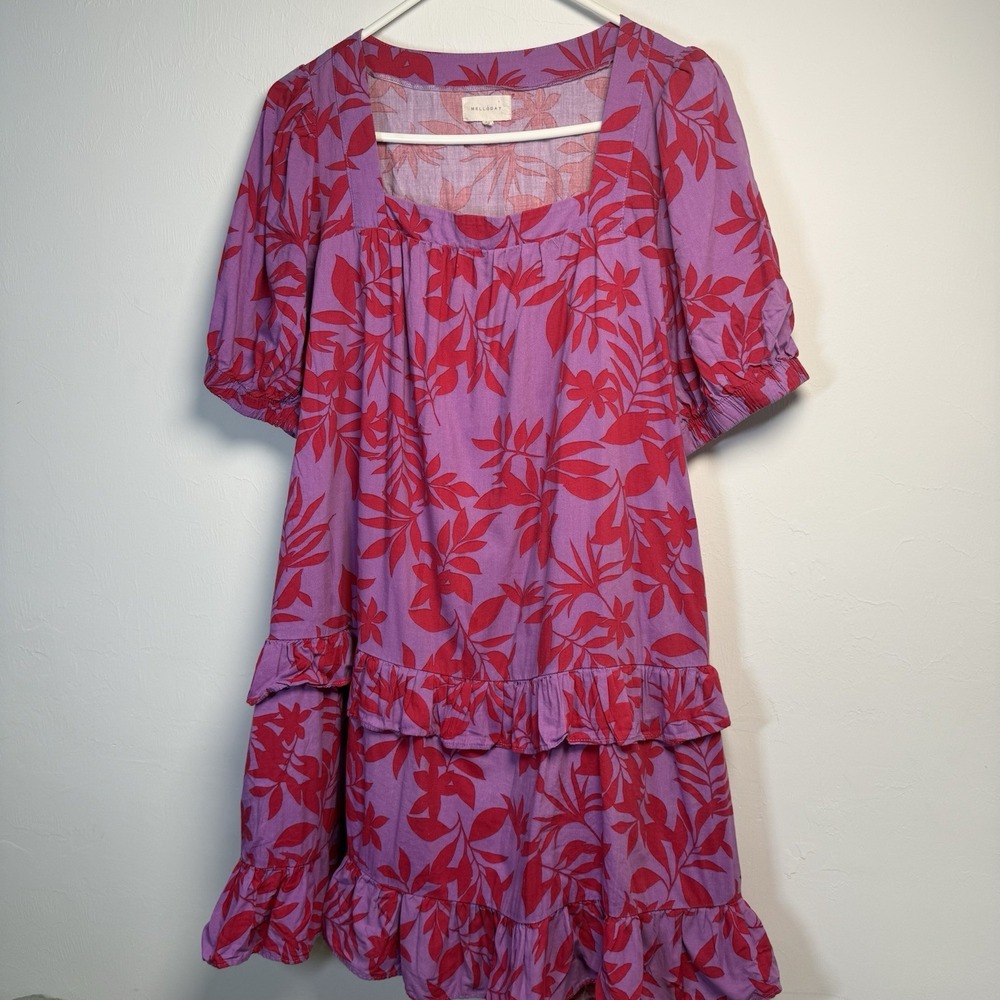 Melloday Midi Puffy Sleeve Tiered Pink Floral Square Neck Dress Size Large - Picture 2 of 11